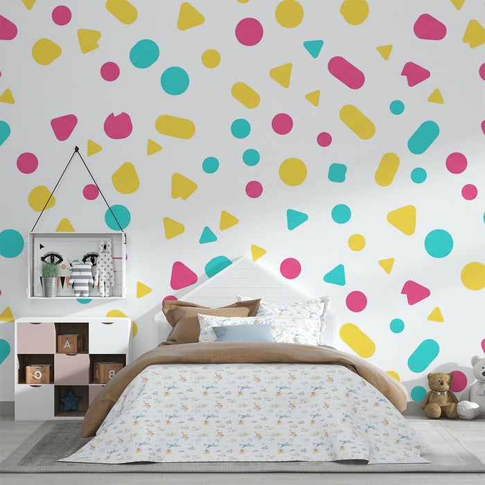 Kids room wallpaper | Tri-color geometric patterns on white background
