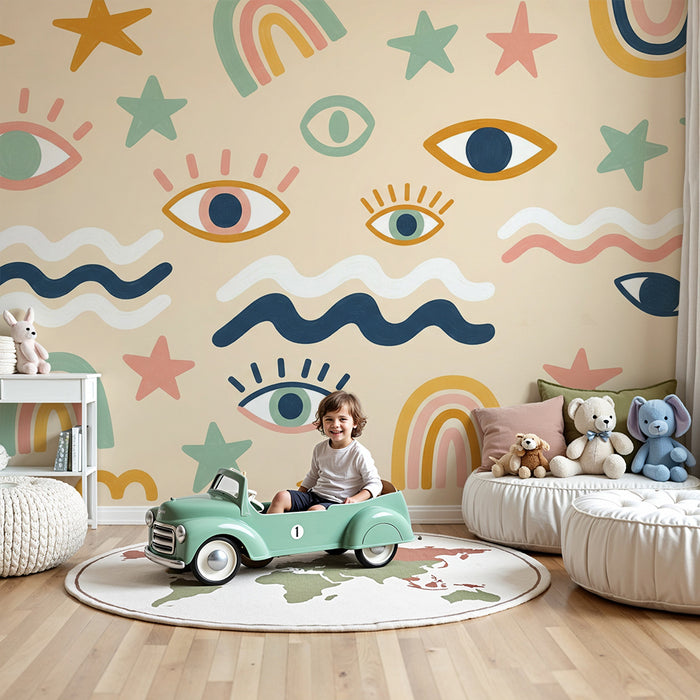 Papel de parede criança | Motivos lúdicos de olhos, estrelas e arco-íris coloridos