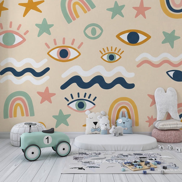 Papel de parede criança | Motivos lúdicos de olhos, estrelas e arco-íris coloridos