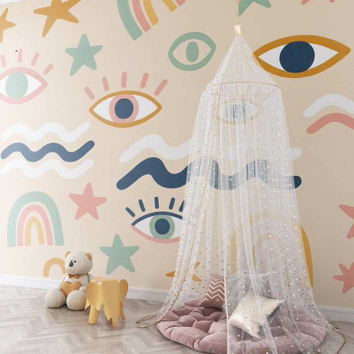 Papel de parede criança | Motivos lúdicos de olhos, estrelas e arco-íris coloridos