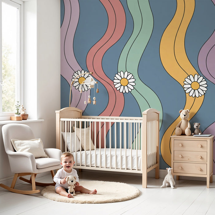 Kids' room wallpaper | Colorful wavy patterns with daisies on a blue background