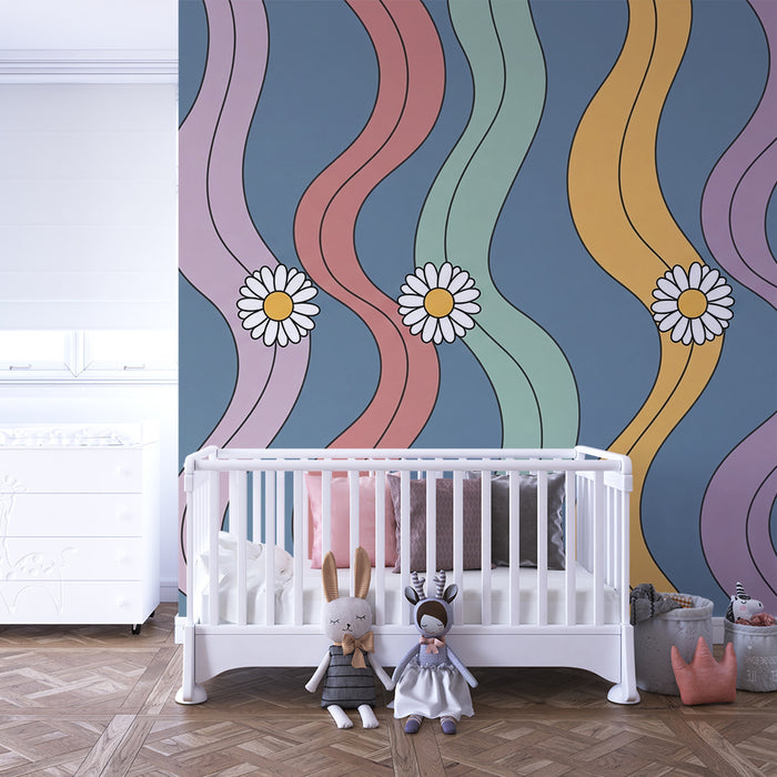 Kids' room wallpaper | Colorful wavy patterns with daisies on a blue background