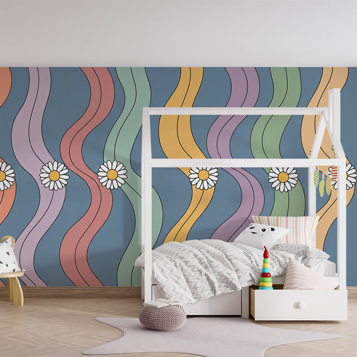 Kids' room wallpaper | Colorful wavy patterns with daisies on a blue background