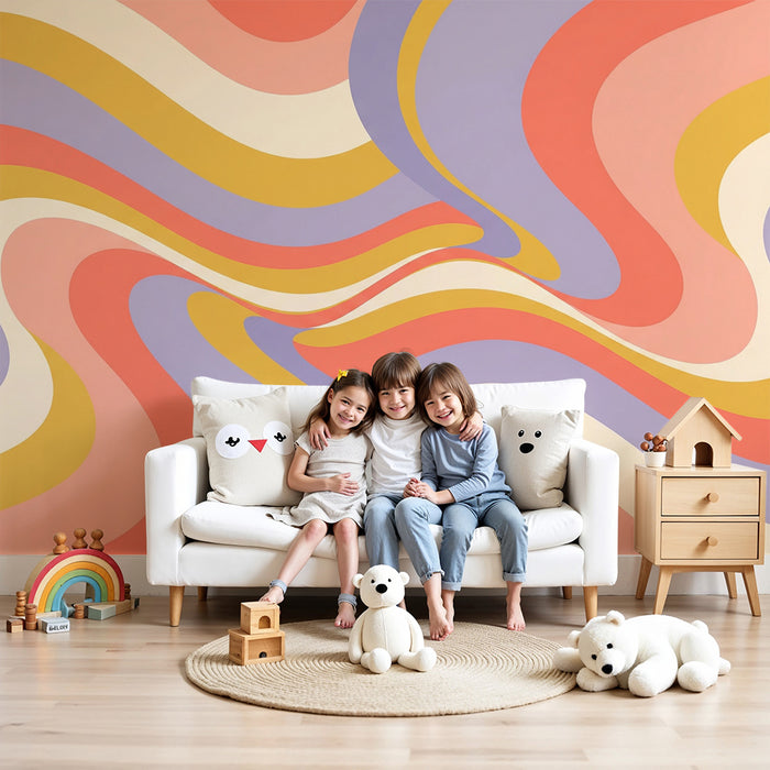 Kleurrijk behang voor kinderkamers | Pastelkleurige golfpatronen