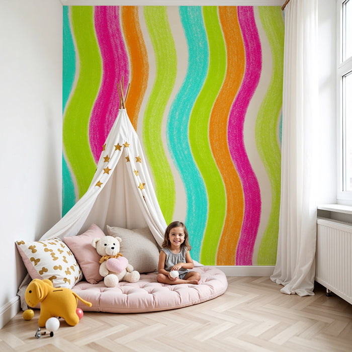 Kinderkamer behang | Golvende kleurrijke motieven in roze, groen en blauw