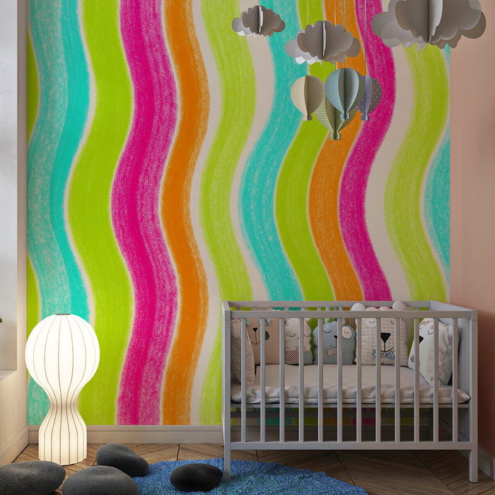 Kinderkamer behang | Golvende kleurrijke motieven in roze, groen en blauw