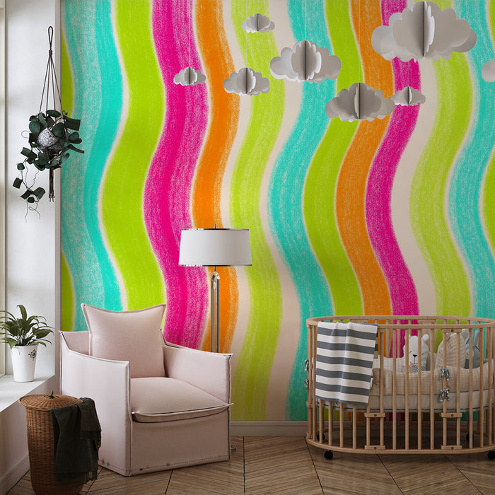 Kinderkamer behang | Golvende kleurrijke motieven in roze, groen en blauw