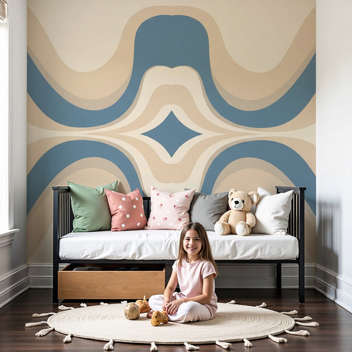 Kids room wallpaper | Wavy blue and beige patterns for a modern atmosphere