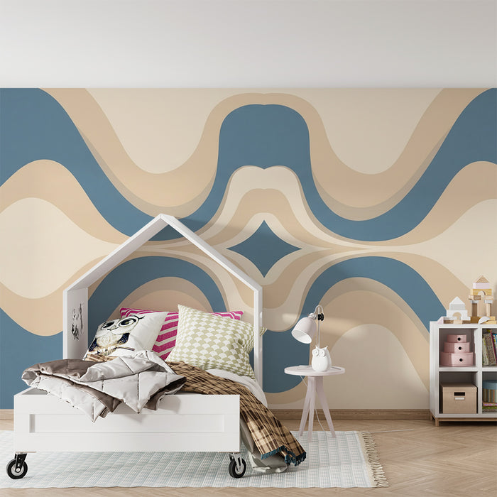 Kids room wallpaper | Wavy blue and beige patterns for a modern atmosphere