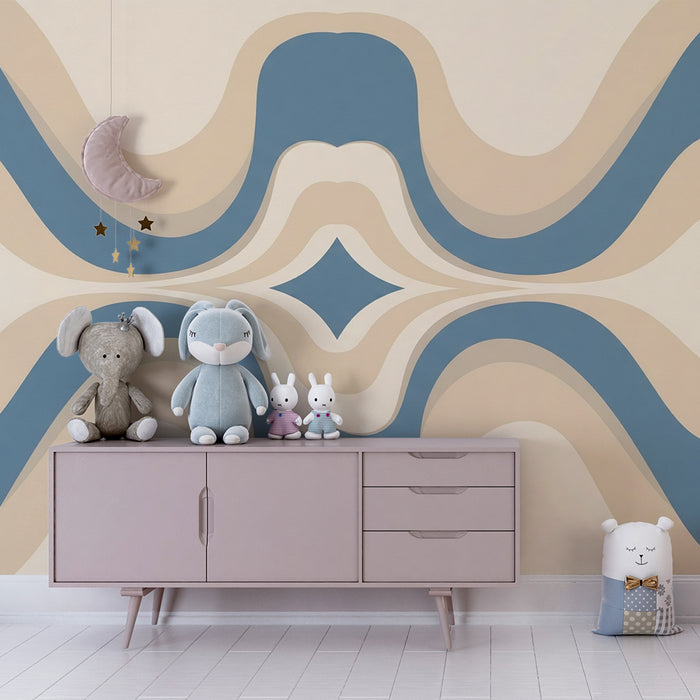 Kids room wallpaper | Wavy blue and beige patterns for a modern atmosphere