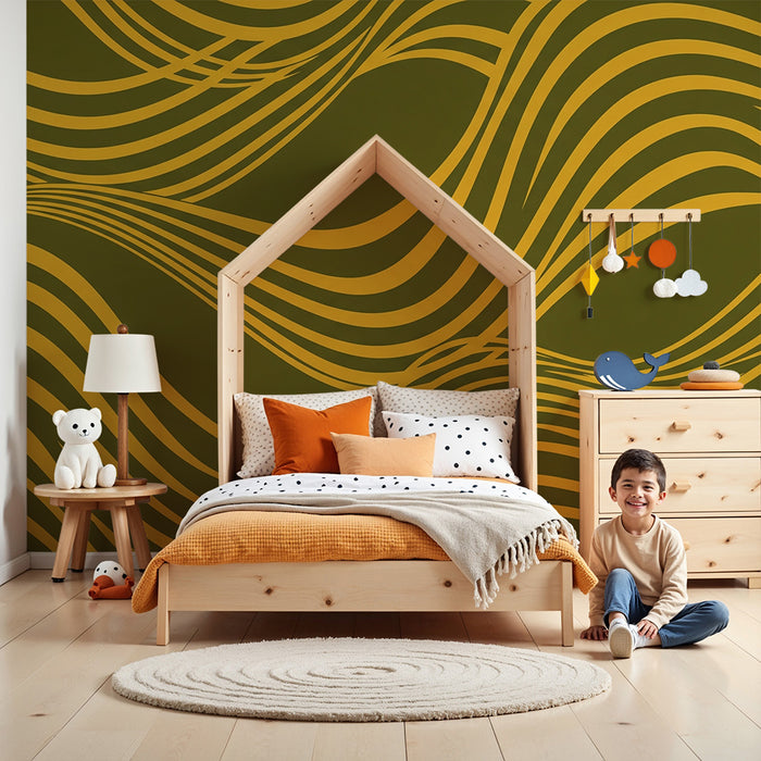 Papier peint chambre enfant | Motifs ondulés en jaune sur fond olive