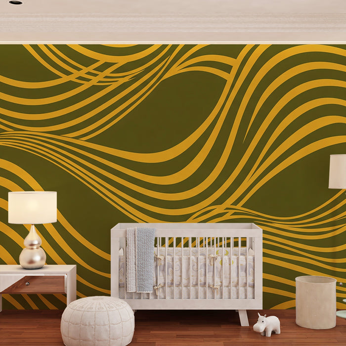 Papier peint chambre enfant | Motifs ondulés en jaune sur fond olive