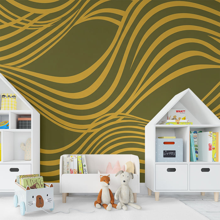 Papier peint chambre enfant | Motifs ondulés en jaune sur fond olive