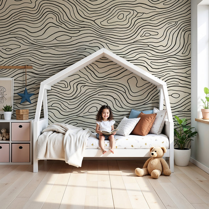 Kids' room wallpaper | Black wave pattern on beige background