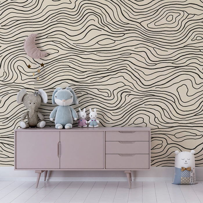 Kids' room wallpaper | Black wave pattern on beige background