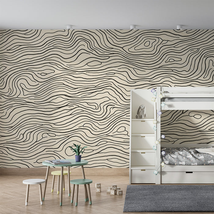 Kids' room wallpaper | Black wave pattern on beige background