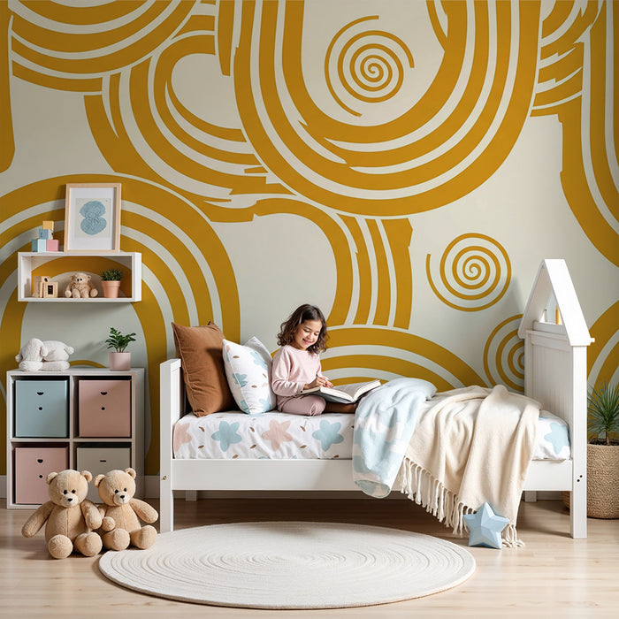 Papel de parede para quarto infantil | Padrões ondulados e espirais em amarelo-dourado