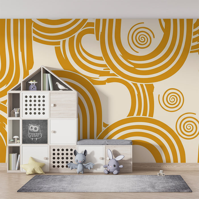 Papel de parede para quarto infantil | Padrões ondulados e espirais em amarelo-dourado