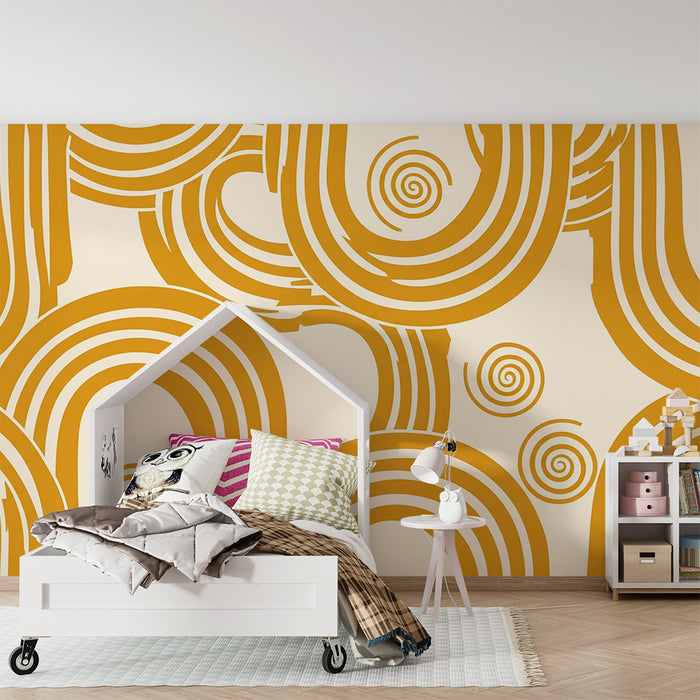 Papel de parede para quarto infantil | Padrões ondulados e espirais em amarelo-dourado