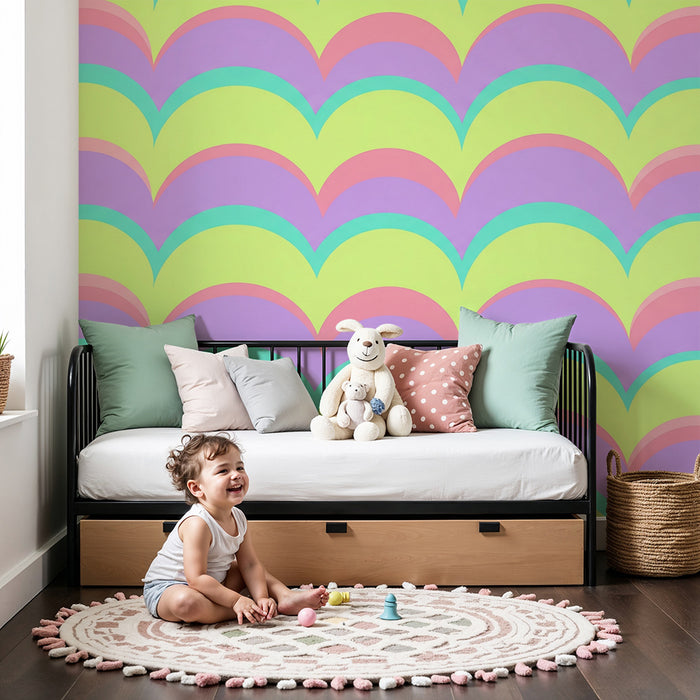 Papel de parede para quarto infantil | Padrões ondulados pastel em cores vivas