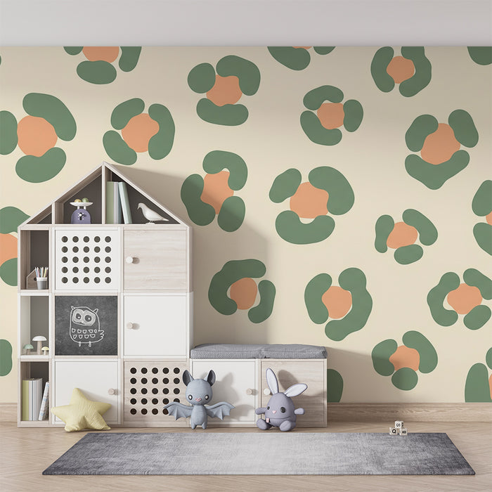 Oblačila za stene otroške sobe | Organski vzorci v zeleni in breskovi barvi na kremnem ozadju