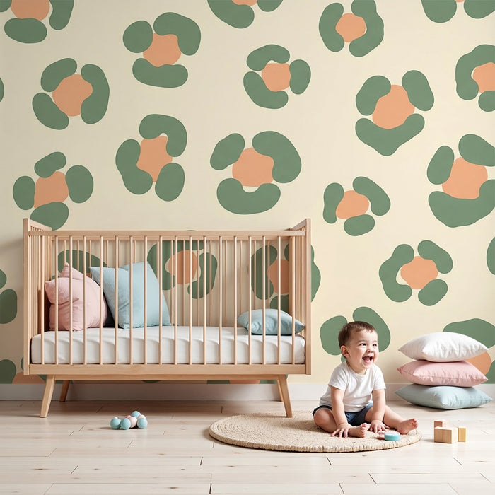 Kids' Room Wallpaper | Organic Green and Peach Patterns on a Cream Background