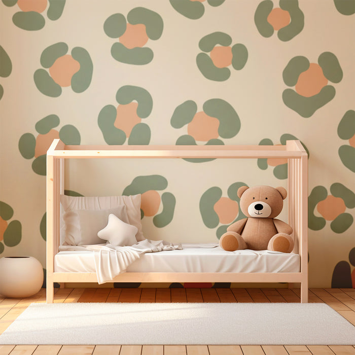 Kids' Room Wallpaper | Organic Green and Peach Patterns on a Cream Background