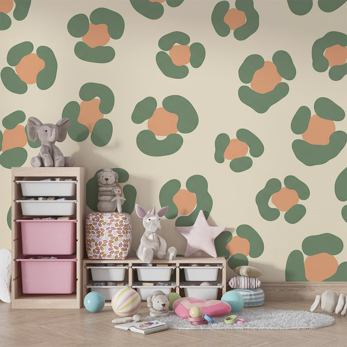 Kids' Room Wallpaper | Organic Green and Peach Patterns on a Cream Background