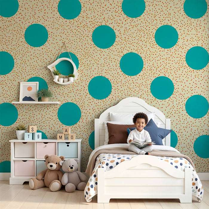 Papel de parede para quarto infantil | Motivos redondos turquesa sobre fundo bege com salpicos coloridos