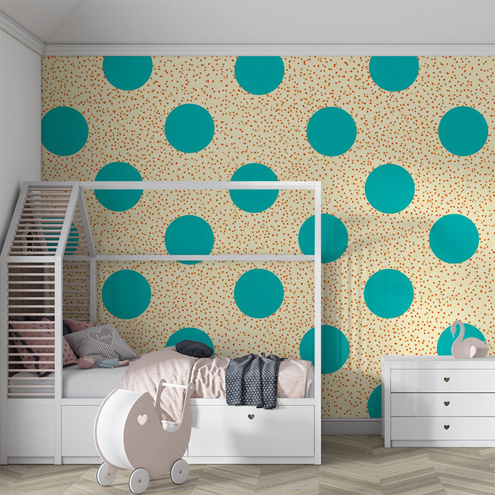 Papel de parede para quarto infantil | Motivos redondos turquesa sobre fundo bege com salpicos coloridos