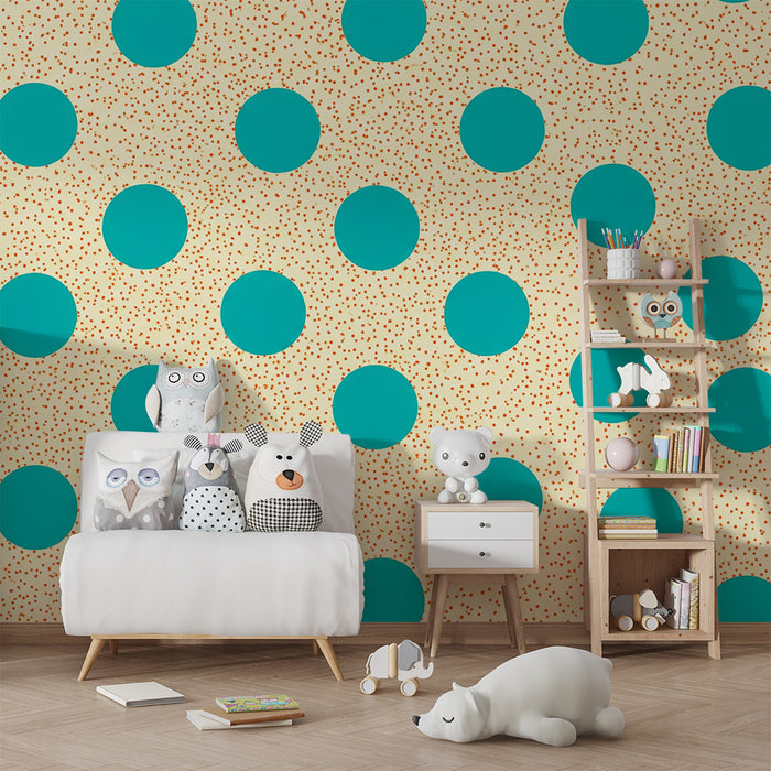 Papel de parede para quarto infantil | Motivos redondos turquesa sobre fundo bege com salpicos coloridos