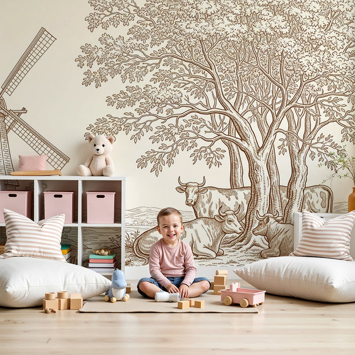 Papel pintado infantil | Molino de viento y vacas tranquilas bajo un gran árbol