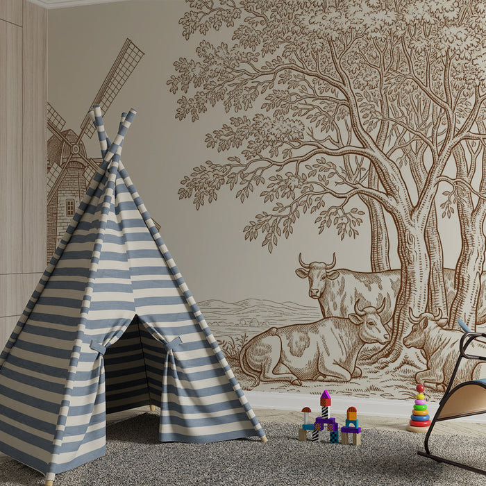 Papel pintado infantil | Molino de viento y vacas tranquilas bajo un gran árbol