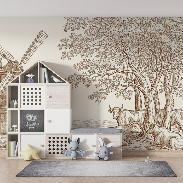 Papel pintado infantil | Molino de viento y vacas tranquilas bajo un gran árbol