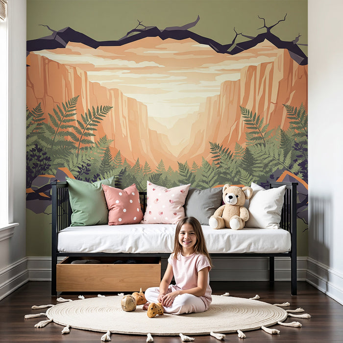 Papier peint chambre enfant | Mur de montagne avec vue sur la vallée verdoyante