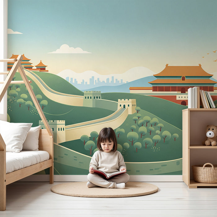 Behang voor de kinderkamer | Chinese muur in een rustgevend landschap
