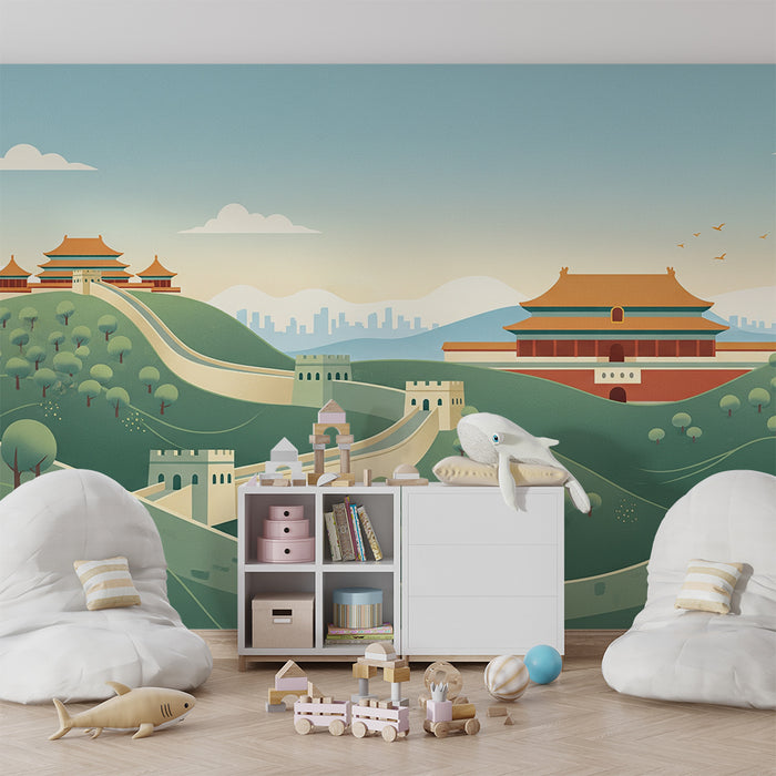Behang voor de kinderkamer | Chinese muur in een rustgevend landschap