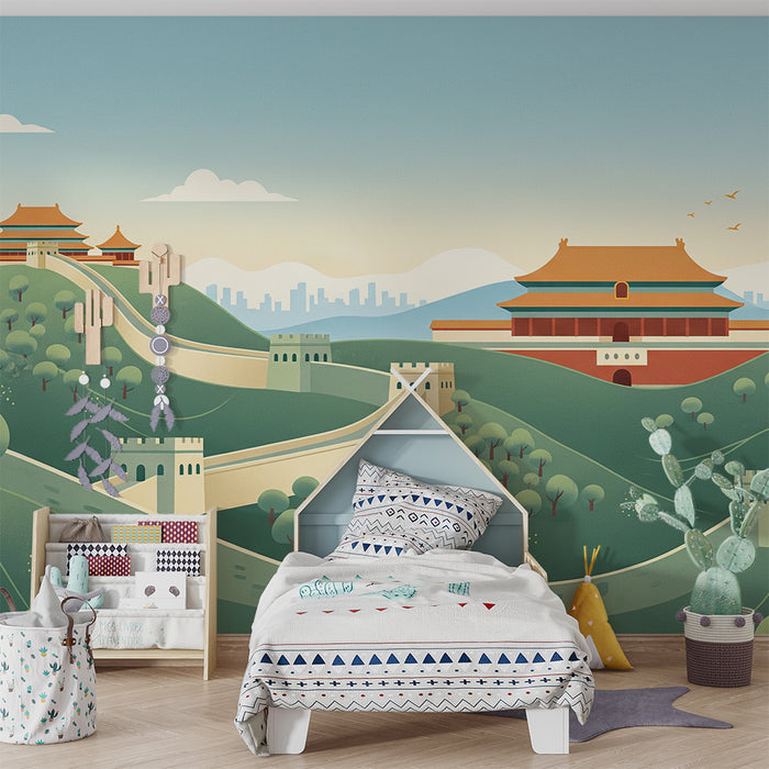 Behang voor de kinderkamer | Chinese muur in een rustgevend landschap