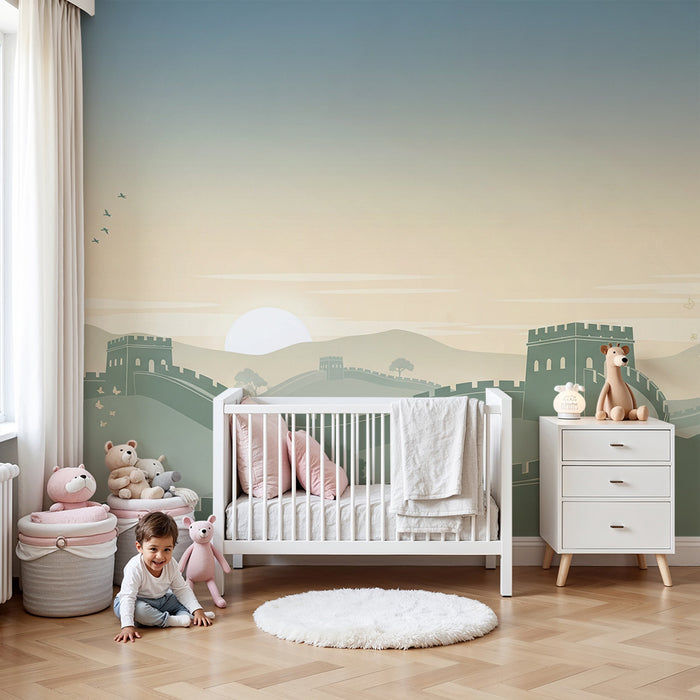 Papel de parede para quarto infantil | Mural da Muralha da China e paisagens tranquilas ao pôr do sol