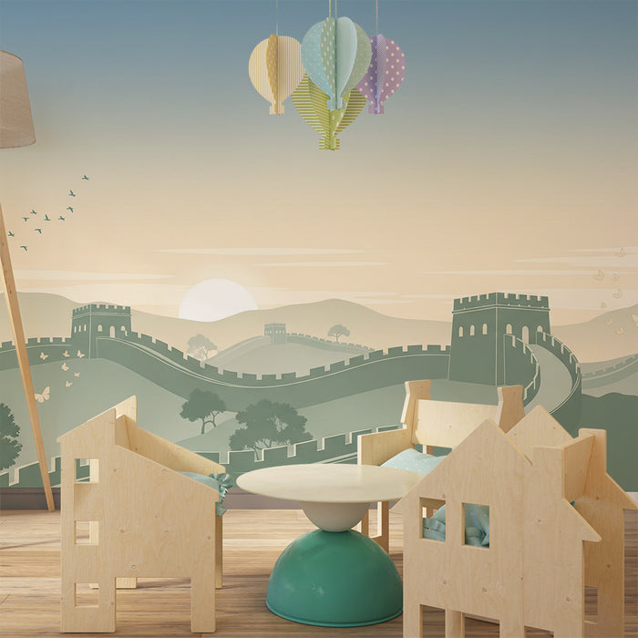 Papel de parede para quarto infantil | Mural da Muralha da China e paisagens tranquilas ao pôr do sol