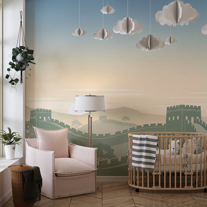 Papel de parede para quarto infantil | Mural da Muralha da China e paisagens tranquilas ao pôr do sol