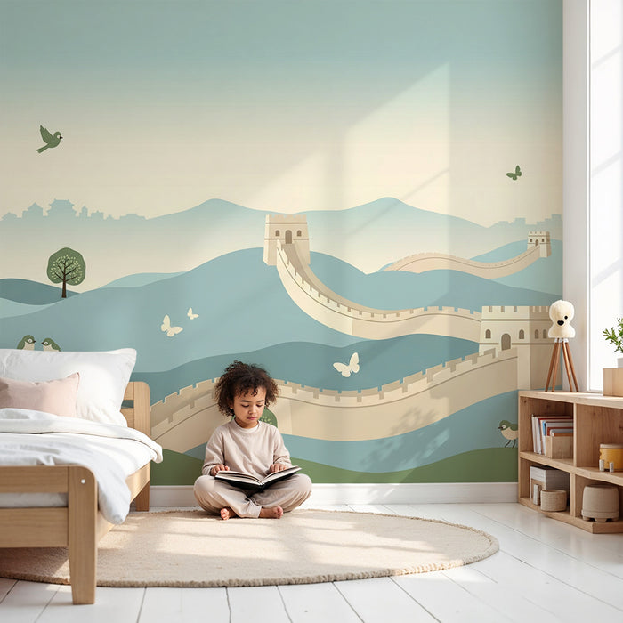 Tapeten für Kinderzimmer | Chinesische Mauer & beruhigende Landschaften mit Vögeln und Bäumen