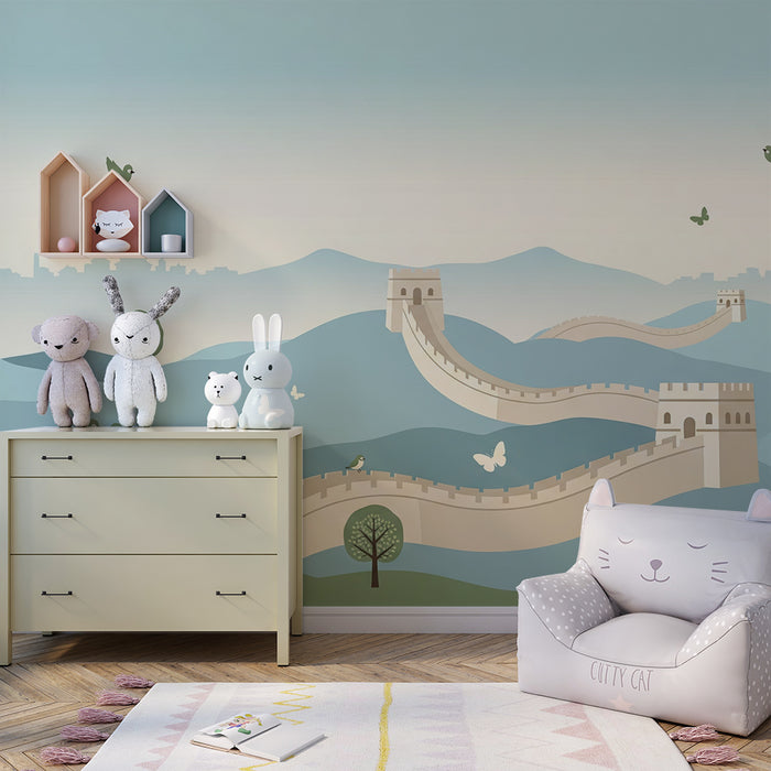 Tapeten für Kinderzimmer | Chinesische Mauer & beruhigende Landschaften mit Vögeln und Bäumen