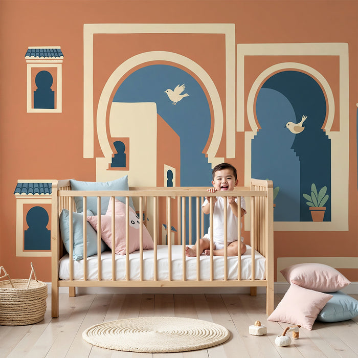 Papier peint chambre enfant | Murs colorés et fenêtres stylisées avec oiseaux