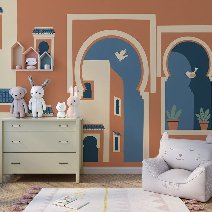 Papier peint chambre enfant | Murs colorés et fenêtres stylisées avec oiseaux