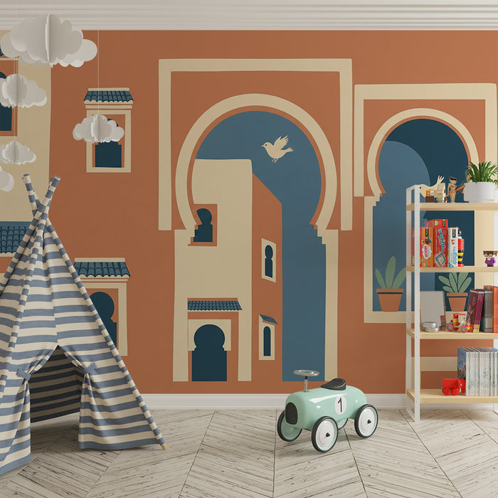 Papier peint chambre enfant | Murs colorés et fenêtres stylisées avec oiseaux