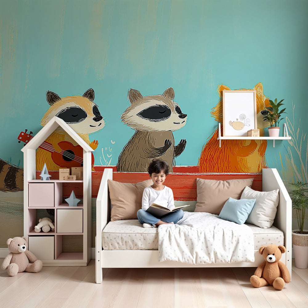 Kinderkamer behang | Muziek tussen vrienden in het bos — Kids Wall, image size:1000x1000