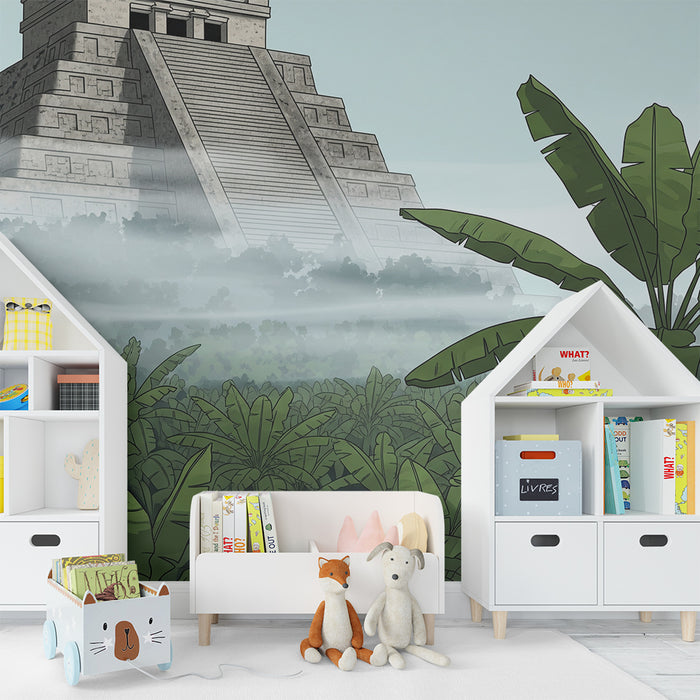 Papel de parede para quarto de criança | Selva misteriosa com templo antigo e vegetação luxuriante
