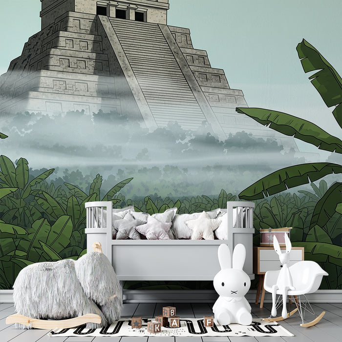 Papel de parede para quarto de criança | Selva misteriosa com templo antigo e vegetação luxuriante
