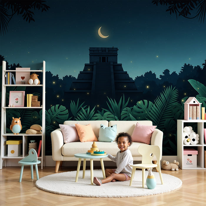Papier peint chambre enfant | Mystérieuse jungle nocturne avec pyramide maya